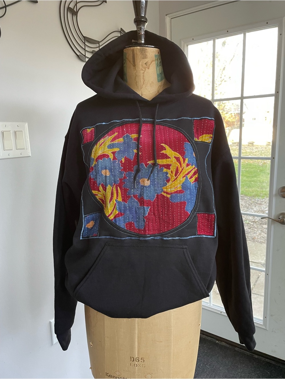 Black Hoodie with Kantha Quilt Patchwork